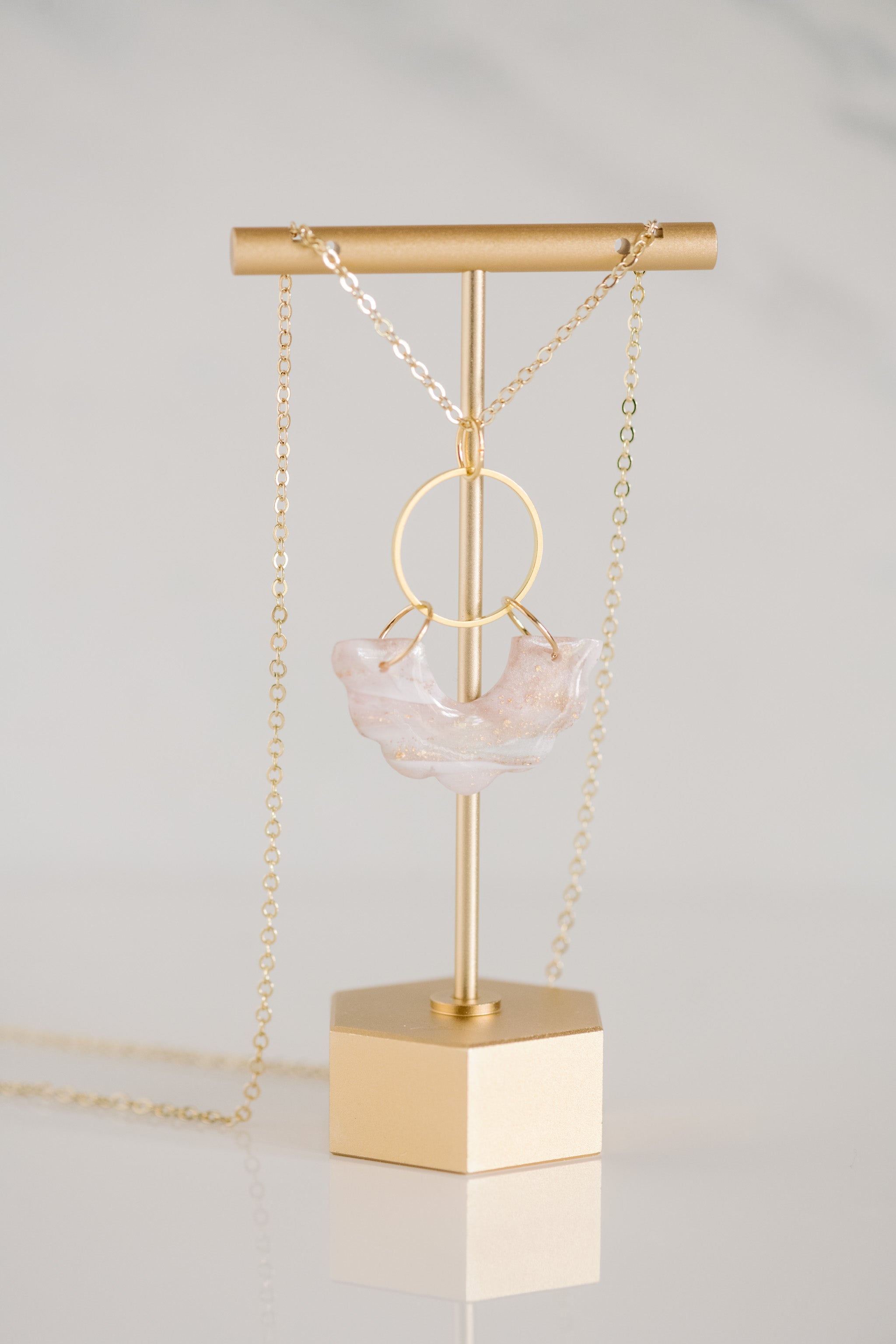Pink & Gold Marble Scalloped Half Donut Gold Necklace