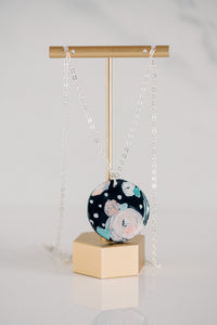 Handpainted Floral Slab Circle Silver Necklace